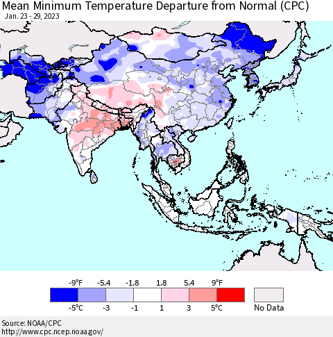 Asia Mean Minimum Temperature Departure from Normal (CPC) Thematic Map For 1/23/2023 - 1/29/2023