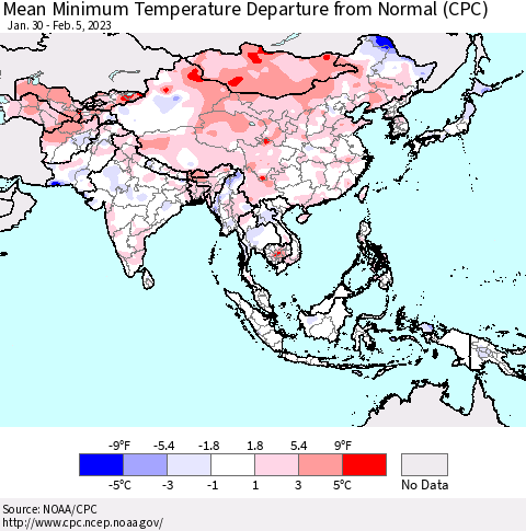 Asia Mean Minimum Temperature Departure from Normal (CPC) Thematic Map For 1/30/2023 - 2/5/2023