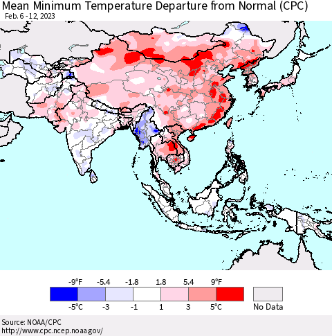 Asia Mean Minimum Temperature Departure from Normal (CPC) Thematic Map For 2/6/2023 - 2/12/2023