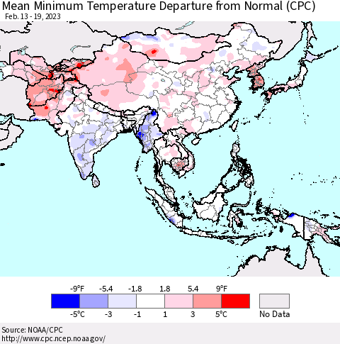 Asia Mean Minimum Temperature Departure from Normal (CPC) Thematic Map For 2/13/2023 - 2/19/2023