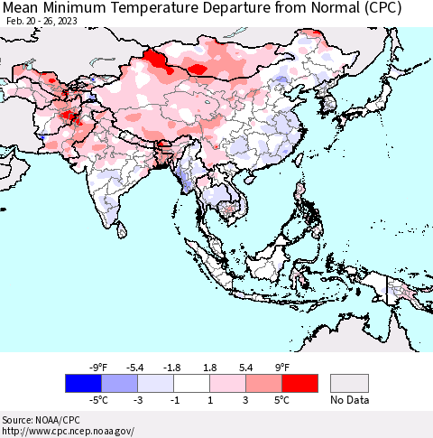 Asia Mean Minimum Temperature Departure from Normal (CPC) Thematic Map For 2/20/2023 - 2/26/2023