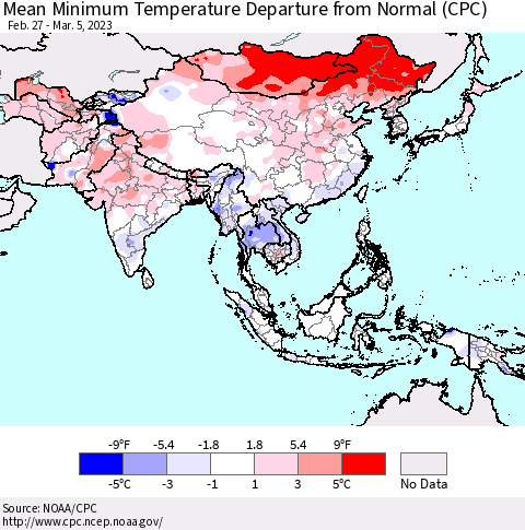 Asia Mean Minimum Temperature Departure from Normal (CPC) Thematic Map For 2/27/2023 - 3/5/2023