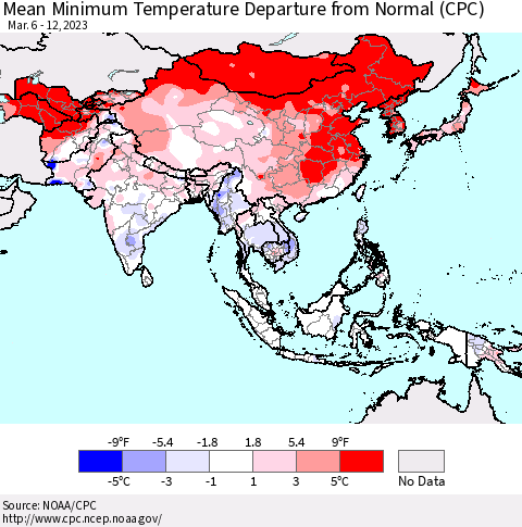 Asia Mean Minimum Temperature Departure from Normal (CPC) Thematic Map For 3/6/2023 - 3/12/2023