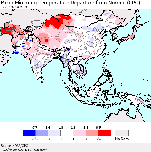 Asia Mean Minimum Temperature Departure from Normal (CPC) Thematic Map For 3/13/2023 - 3/19/2023
