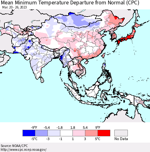Asia Mean Minimum Temperature Departure from Normal (CPC) Thematic Map For 3/20/2023 - 3/26/2023