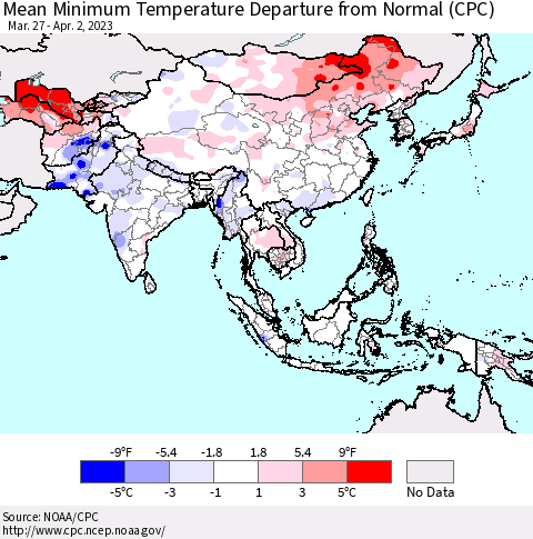 Asia Mean Minimum Temperature Departure from Normal (CPC) Thematic Map For 3/27/2023 - 4/2/2023