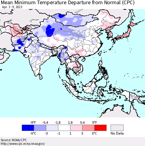 Asia Mean Minimum Temperature Departure from Normal (CPC) Thematic Map For 4/3/2023 - 4/9/2023