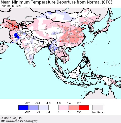 Asia Mean Minimum Temperature Departure from Normal (CPC) Thematic Map For 4/10/2023 - 4/16/2023