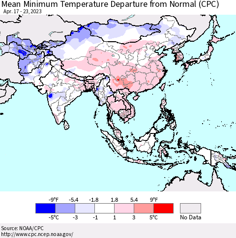 Asia Mean Minimum Temperature Departure from Normal (CPC) Thematic Map For 4/17/2023 - 4/23/2023