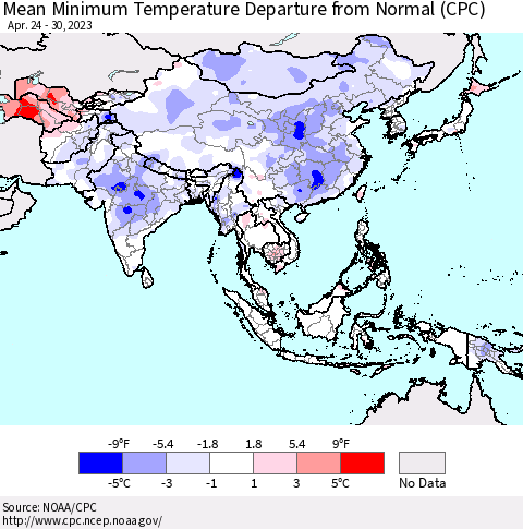 Asia Mean Minimum Temperature Departure from Normal (CPC) Thematic Map For 4/24/2023 - 4/30/2023
