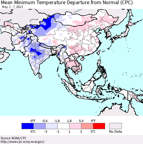 Asia Mean Minimum Temperature Departure from Normal (CPC) Thematic Map For 5/1/2023 - 5/7/2023