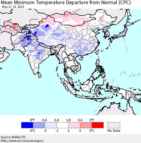 Asia Mean Minimum Temperature Departure from Normal (CPC) Thematic Map For 5/8/2023 - 5/14/2023