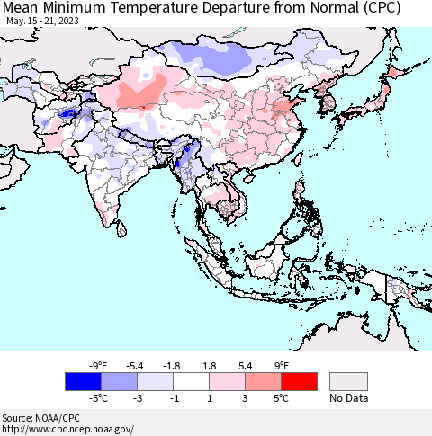 Asia Mean Minimum Temperature Departure from Normal (CPC) Thematic Map For 5/15/2023 - 5/21/2023