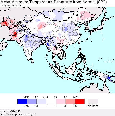 Asia Mean Minimum Temperature Departure from Normal (CPC) Thematic Map For 5/22/2023 - 5/28/2023