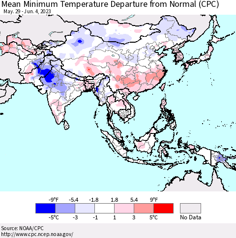 Asia Mean Minimum Temperature Departure from Normal (CPC) Thematic Map For 5/29/2023 - 6/4/2023