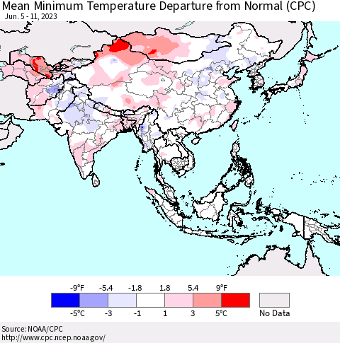 Asia Mean Minimum Temperature Departure from Normal (CPC) Thematic Map For 6/5/2023 - 6/11/2023