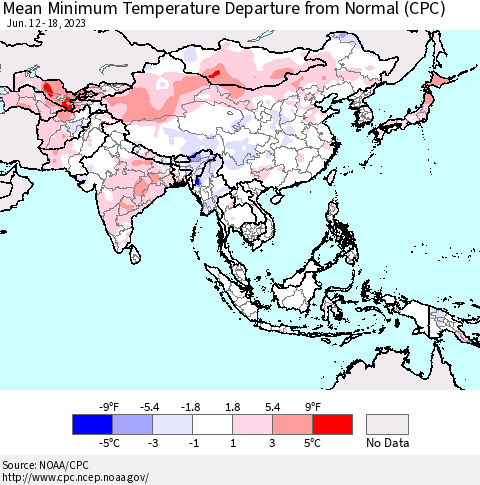 Asia Mean Minimum Temperature Departure from Normal (CPC) Thematic Map For 6/12/2023 - 6/18/2023