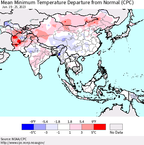 Asia Mean Minimum Temperature Departure from Normal (CPC) Thematic Map For 6/19/2023 - 6/25/2023