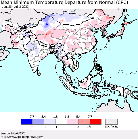 Asia Mean Minimum Temperature Departure from Normal (CPC) Thematic Map For 6/26/2023 - 7/2/2023