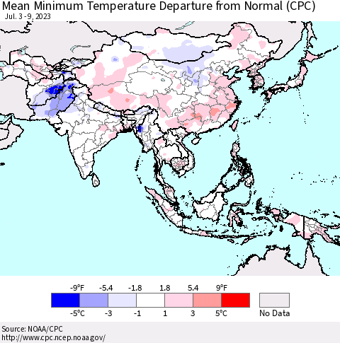 Asia Mean Minimum Temperature Departure from Normal (CPC) Thematic Map For 7/3/2023 - 7/9/2023