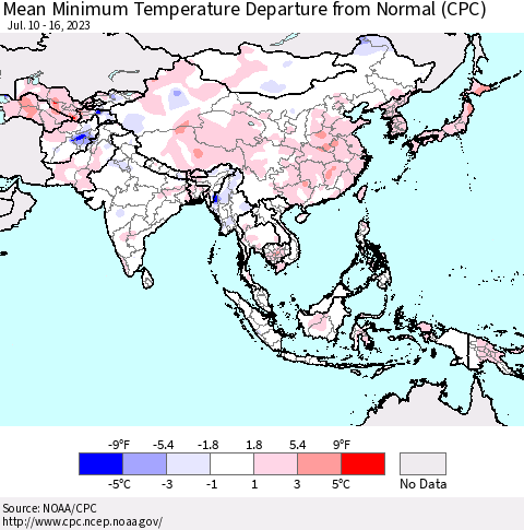 Asia Mean Minimum Temperature Departure from Normal (CPC) Thematic Map For 7/10/2023 - 7/16/2023