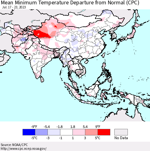 Asia Mean Minimum Temperature Departure from Normal (CPC) Thematic Map For 7/17/2023 - 7/23/2023