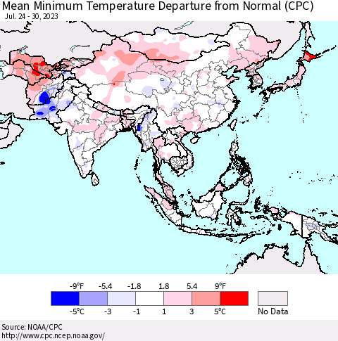 Asia Mean Minimum Temperature Departure from Normal (CPC) Thematic Map For 7/24/2023 - 7/30/2023