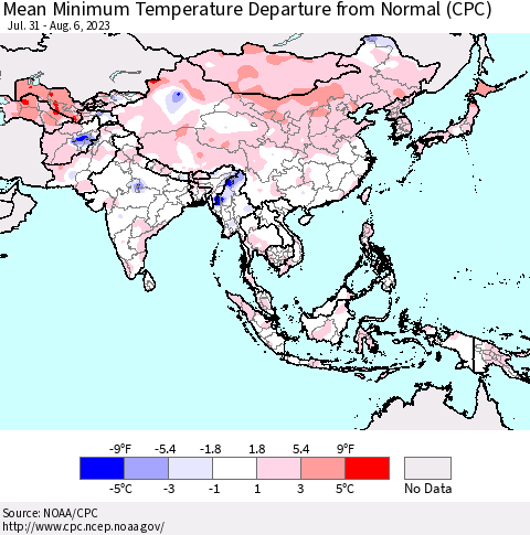 Asia Mean Minimum Temperature Departure from Normal (CPC) Thematic Map For 7/31/2023 - 8/6/2023