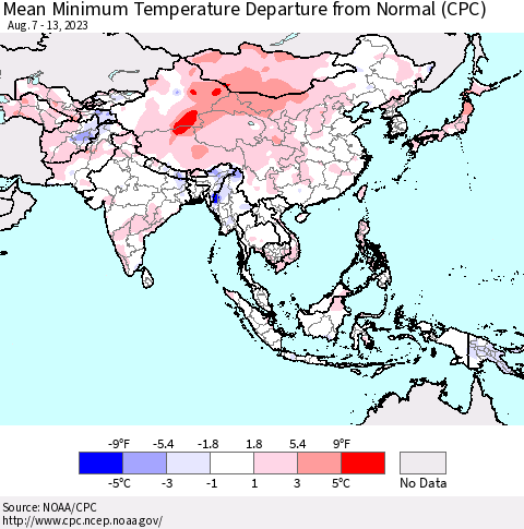 Asia Mean Minimum Temperature Departure from Normal (CPC) Thematic Map For 8/7/2023 - 8/13/2023