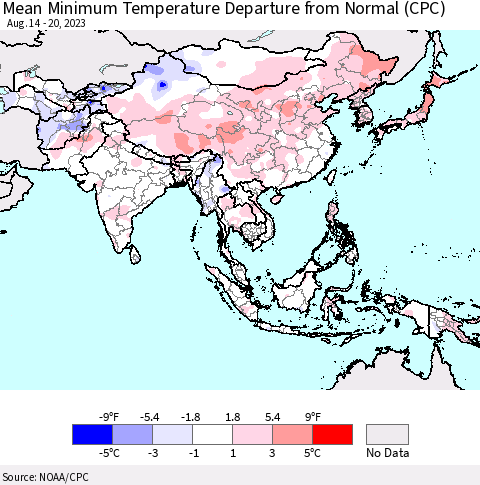 Asia Mean Minimum Temperature Departure from Normal (CPC) Thematic Map For 8/14/2023 - 8/20/2023