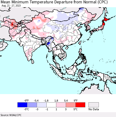 Asia Mean Minimum Temperature Departure from Normal (CPC) Thematic Map For 8/21/2023 - 8/27/2023