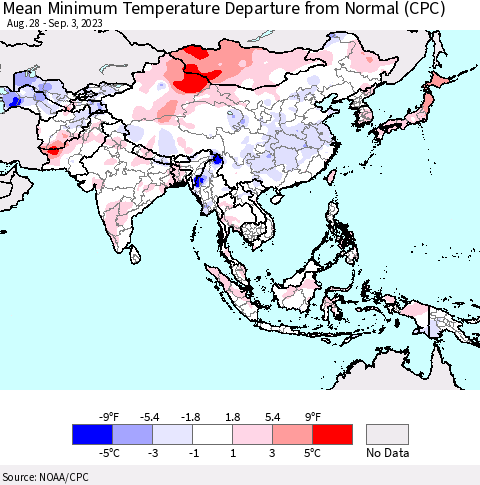 Asia Mean Minimum Temperature Departure from Normal (CPC) Thematic Map For 8/28/2023 - 9/3/2023