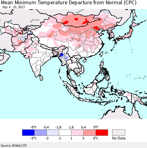 Asia Mean Minimum Temperature Departure from Normal (CPC) Thematic Map For 9/4/2023 - 9/10/2023
