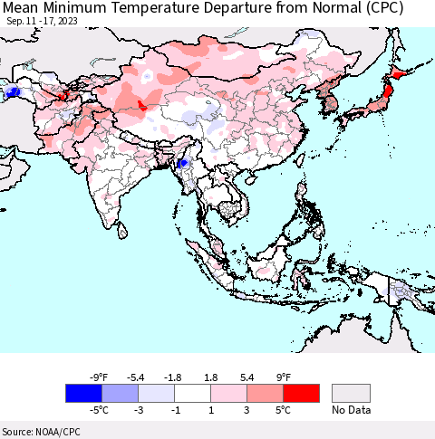 Asia Mean Minimum Temperature Departure from Normal (CPC) Thematic Map For 9/11/2023 - 9/17/2023