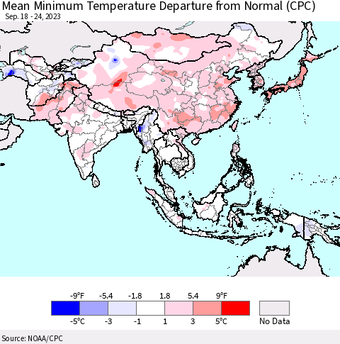 Asia Mean Minimum Temperature Departure from Normal (CPC) Thematic Map For 9/18/2023 - 9/24/2023