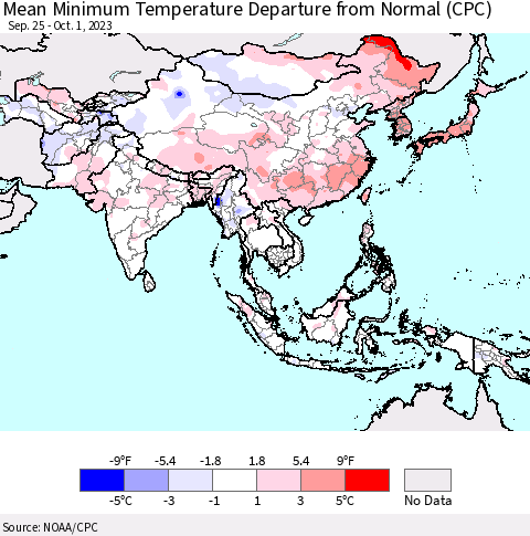 Asia Mean Minimum Temperature Departure from Normal (CPC) Thematic Map For 9/25/2023 - 10/1/2023