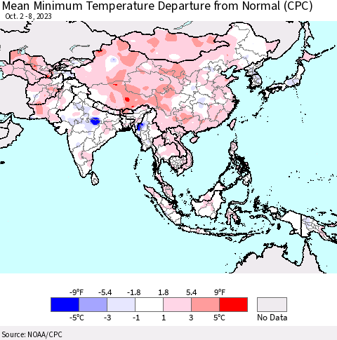 Asia Mean Minimum Temperature Departure from Normal (CPC) Thematic Map For 10/2/2023 - 10/8/2023