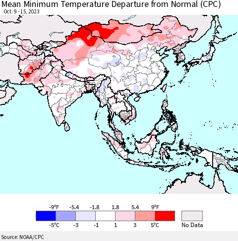 Asia Mean Minimum Temperature Departure from Normal (CPC) Thematic Map For 10/9/2023 - 10/15/2023