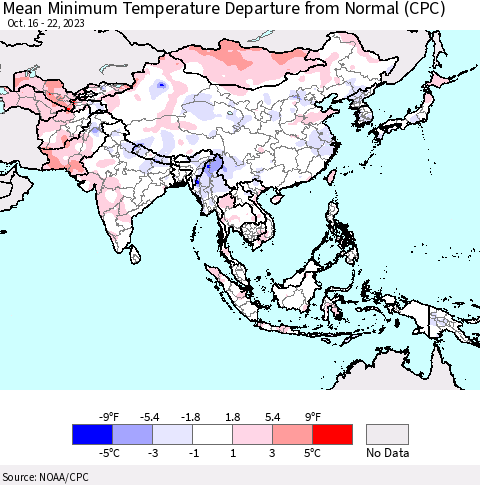 Asia Mean Minimum Temperature Departure from Normal (CPC) Thematic Map For 10/16/2023 - 10/22/2023