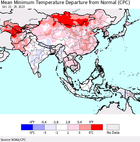 Asia Mean Minimum Temperature Departure from Normal (CPC) Thematic Map For 10/23/2023 - 10/29/2023