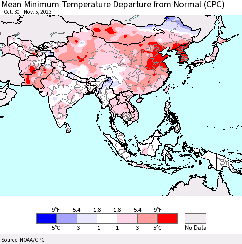 Asia Mean Minimum Temperature Departure from Normal (CPC) Thematic Map For 10/30/2023 - 11/5/2023