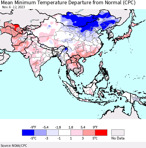 Asia Mean Minimum Temperature Departure from Normal (CPC) Thematic Map For 11/6/2023 - 11/12/2023
