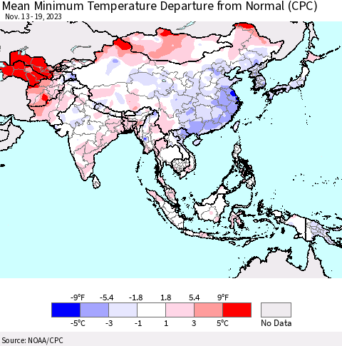 Asia Mean Minimum Temperature Departure from Normal (CPC) Thematic Map For 11/13/2023 - 11/19/2023