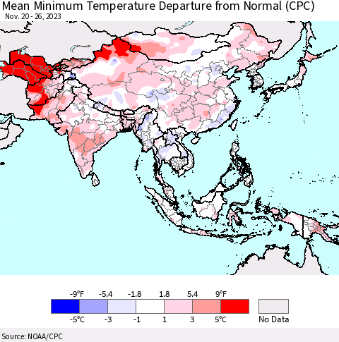 Asia Mean Minimum Temperature Departure from Normal (CPC) Thematic Map For 11/20/2023 - 11/26/2023