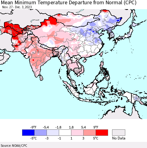 Asia Mean Minimum Temperature Departure from Normal (CPC) Thematic Map For 11/27/2023 - 12/3/2023