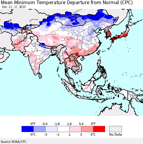 Asia Mean Minimum Temperature Departure from Normal (CPC) Thematic Map For 12/11/2023 - 12/17/2023