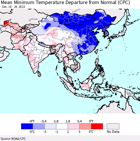 Asia Mean Minimum Temperature Departure from Normal (CPC) Thematic Map For 12/18/2023 - 12/24/2023