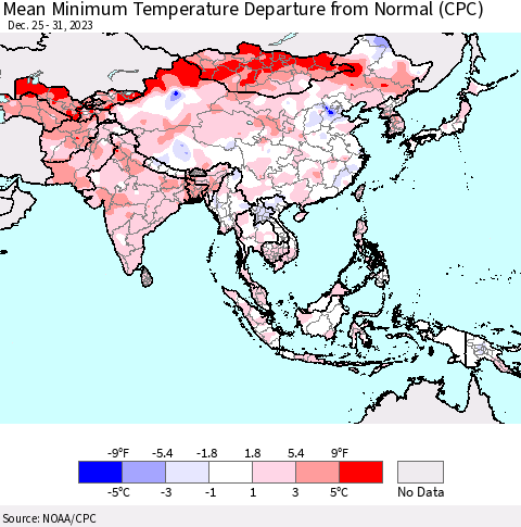 Asia Mean Minimum Temperature Departure from Normal (CPC) Thematic Map For 12/25/2023 - 12/31/2023