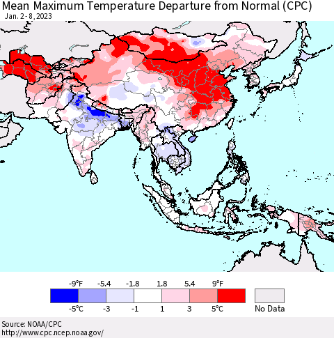 Asia Mean Maximum Temperature Departure from Normal (CPC) Thematic Map For 1/2/2023 - 1/8/2023