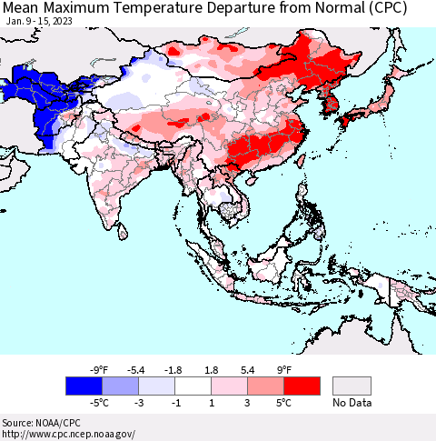 Asia Mean Maximum Temperature Departure from Normal (CPC) Thematic Map For 1/9/2023 - 1/15/2023